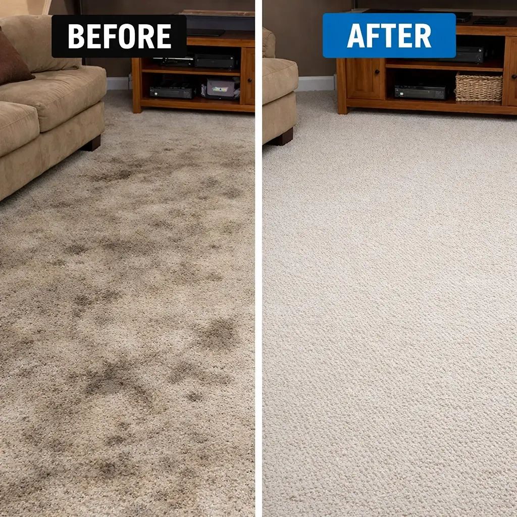 Before and after carpet cleaning — heavily soiled carpet restored in Bethlehem PA living room
