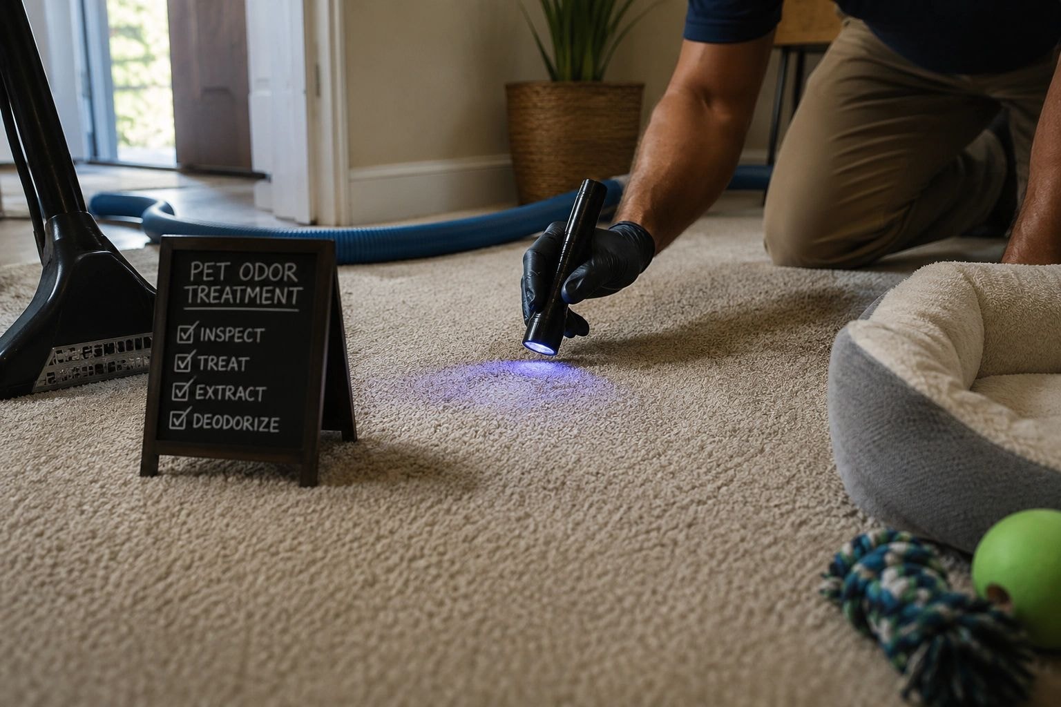 Pet odor treatment technician using UV light to inspect carpet for pet urine contamination